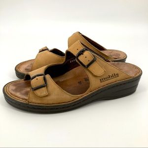 Mephisto Mobils Tan Two Adjustable Buckle Strap Leather Comfort Slip on Sandals
